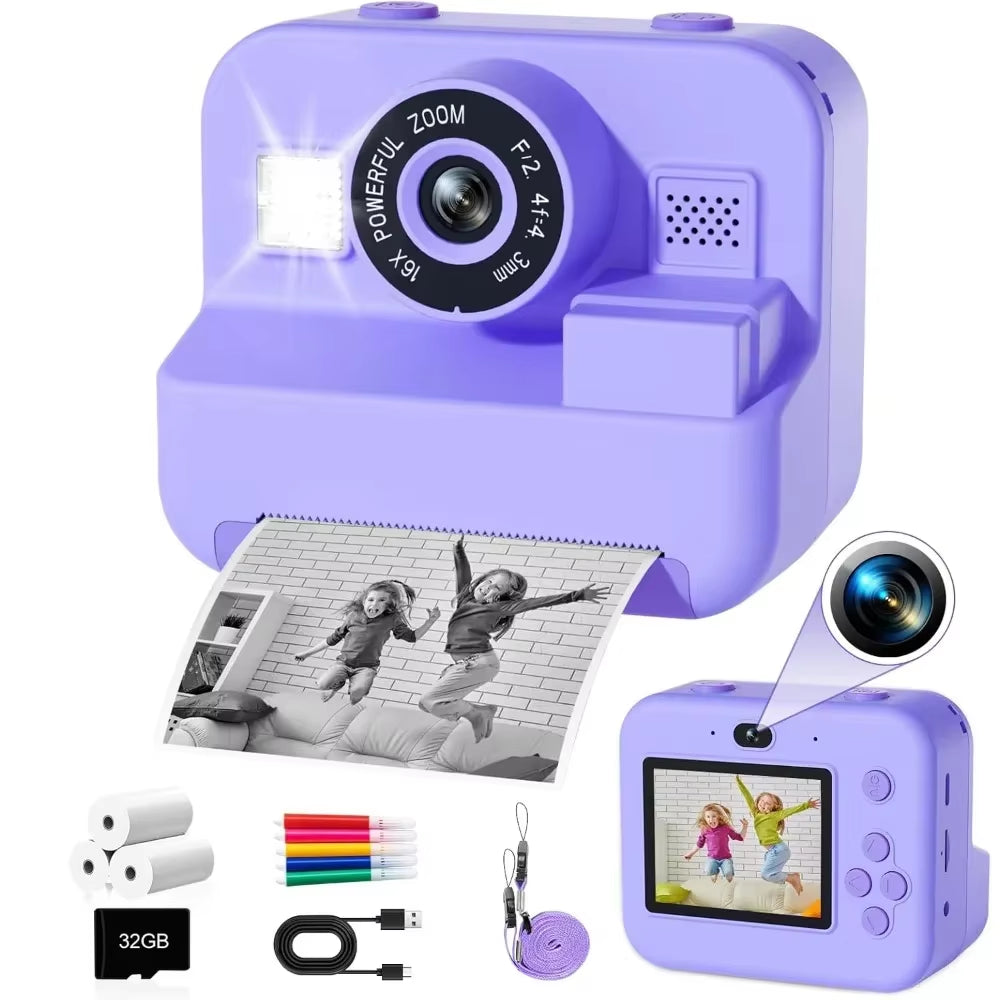 Children'S Mini Digital Video Camera with Thermal Printing & Multiple Image Stabilization, 32GB Card Included